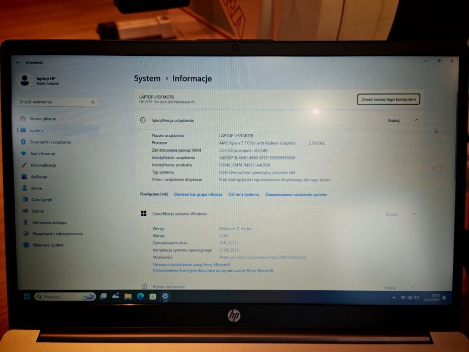 Laptop HP 255 G10 Ryzen 7 7735U 32GB RAM SSD 2000GB 15,6' Win11
