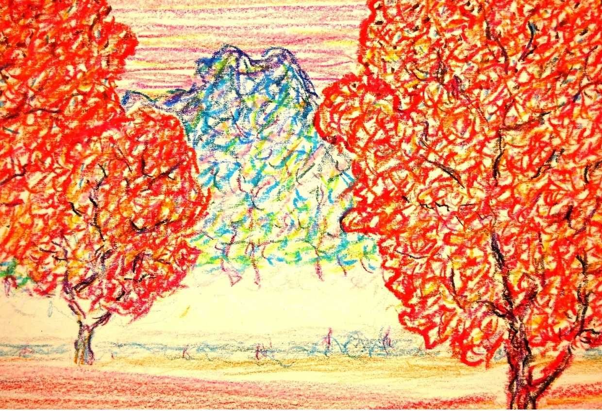 Картина " Червоні дерева " папір, акварельні олівці, 2019