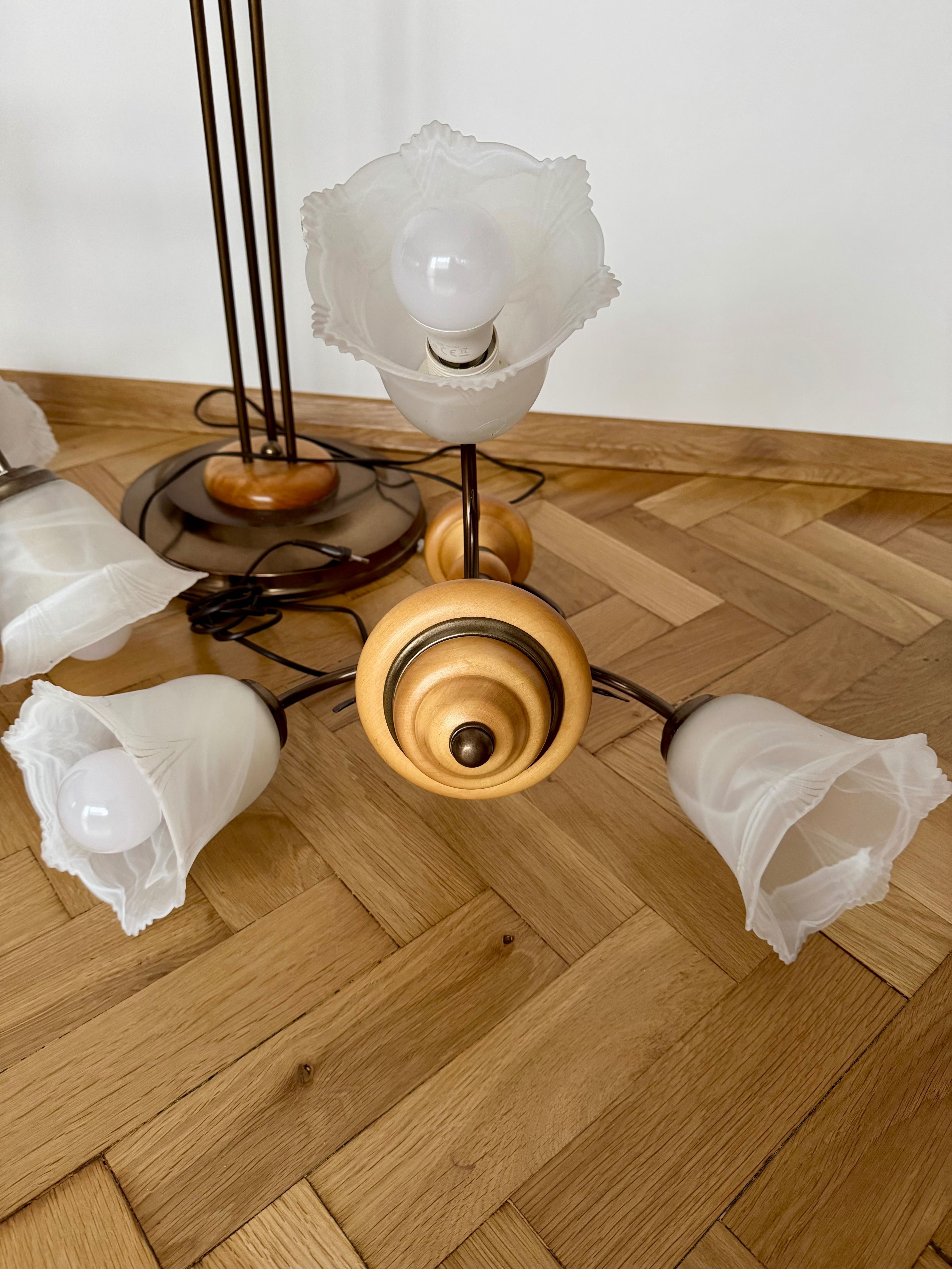 Ozdobne lampy sufitowe + lampa podłogowa drewno i szkło