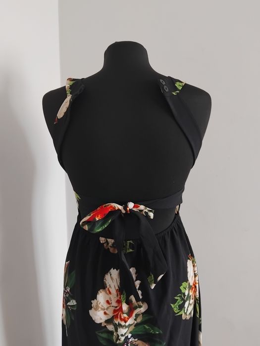 Sukienka długa maxi Czarna rozcięta XS S 34 36 kwiecista letnia