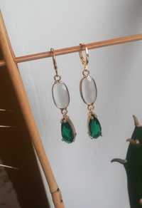 Kolczyki pozłacane z kwarcem i zielonym kryształem emerald