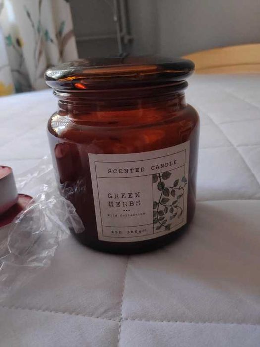 Zestaw świeczek szkło zielone zioła i 4 tealighty żurawina