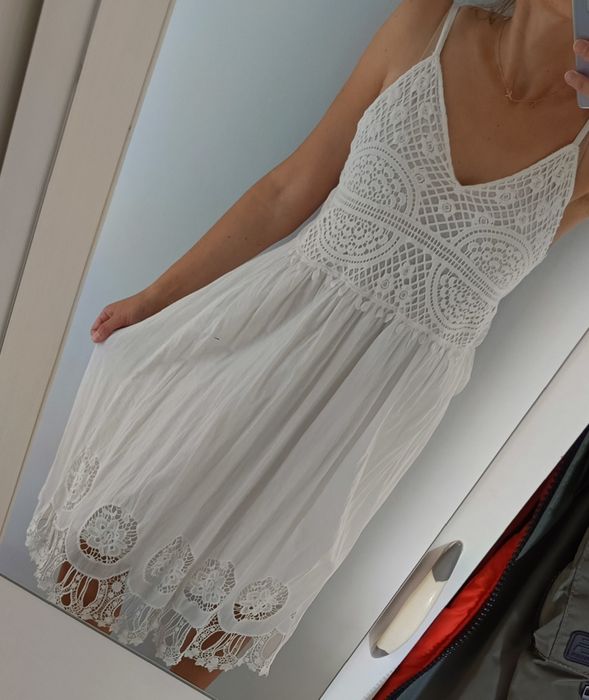 Włoska biała suknia 100% bawełna koronka boho długa piękna sukienka