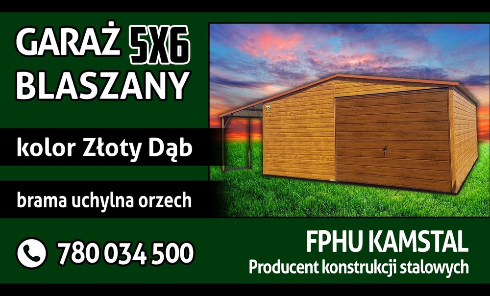 Garaż blaszany drewnopodobny 5x6 + 2m wiaty Złoty Dąb