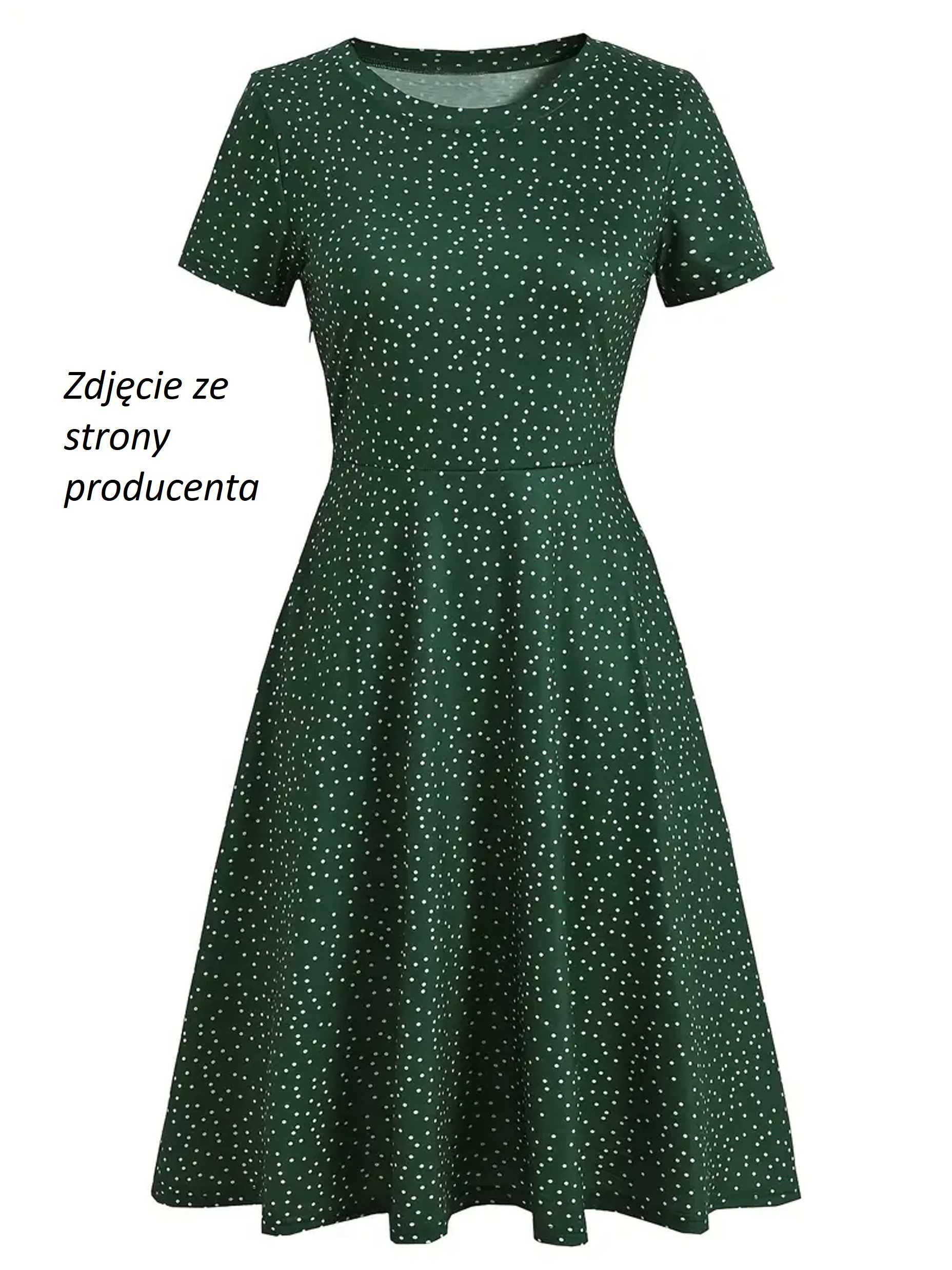 Zielona sukiena w groszki. Rozmiar S, długość midi. Nowa z metką