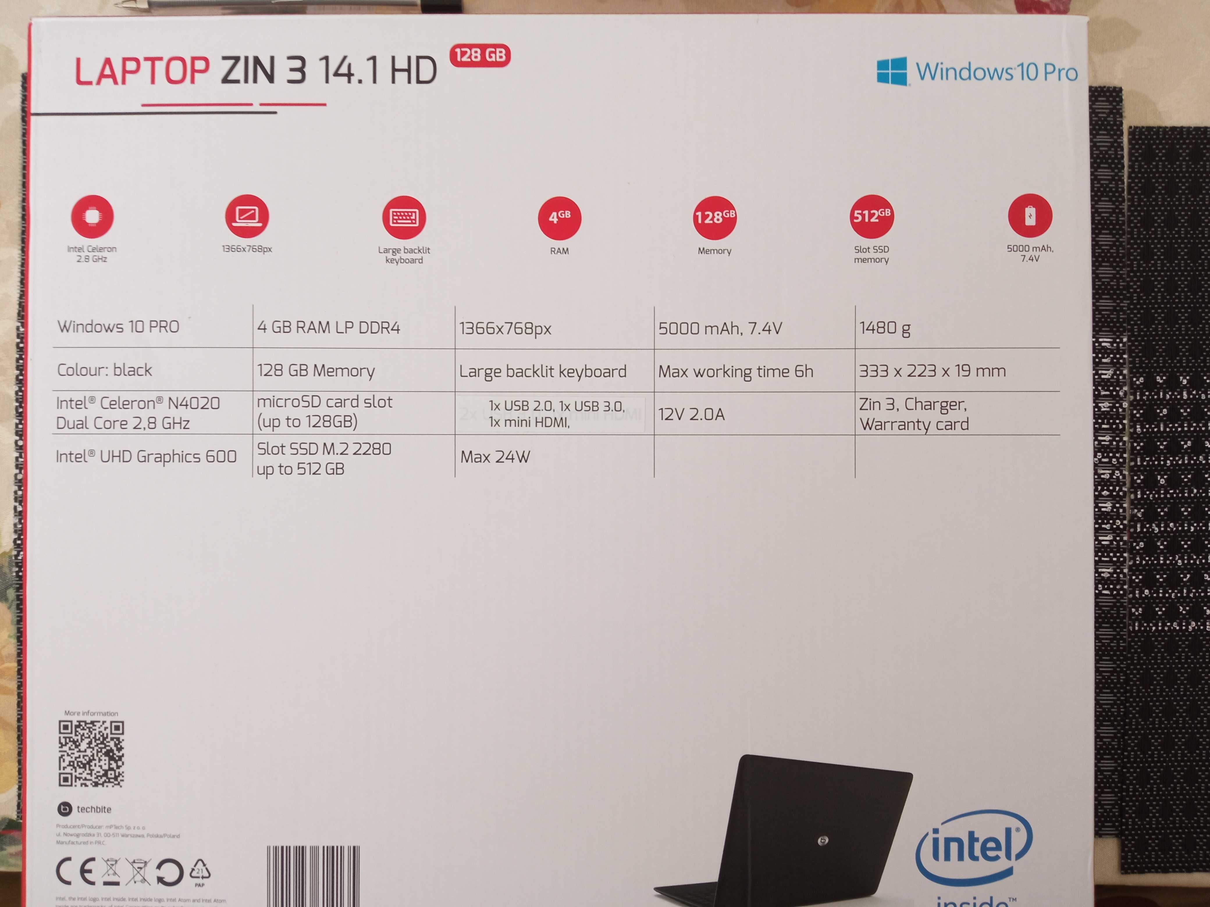 Laptop Techbite ZIN 3 Nieużywany 24W/ 4GB/ SSD 128GB/ 14''