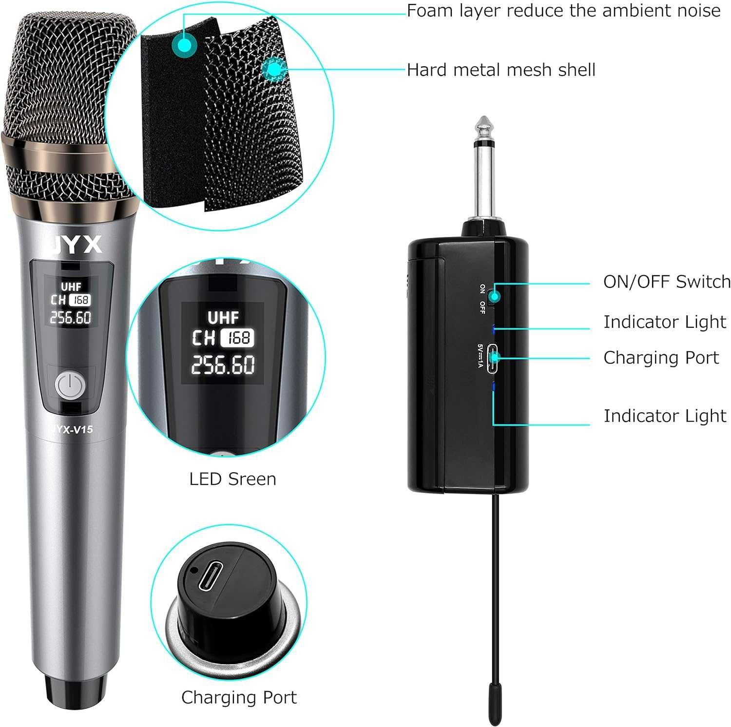 JYX JYX-V15 mikrofon bezprzewodowy do Karaoke 24m Jack 6,35 mm 8-10h