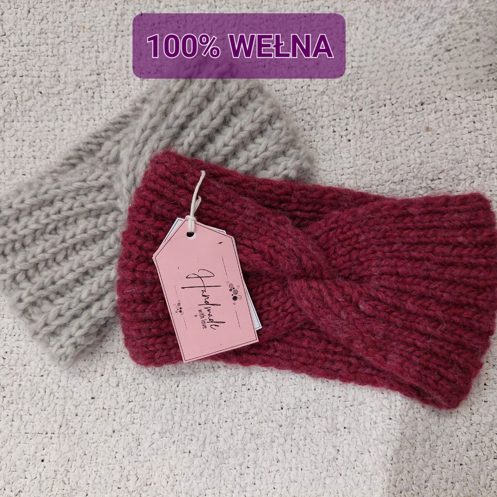 Opaska ręcznie robiona na drutach handmade rękodzieło 100% wełna bordo