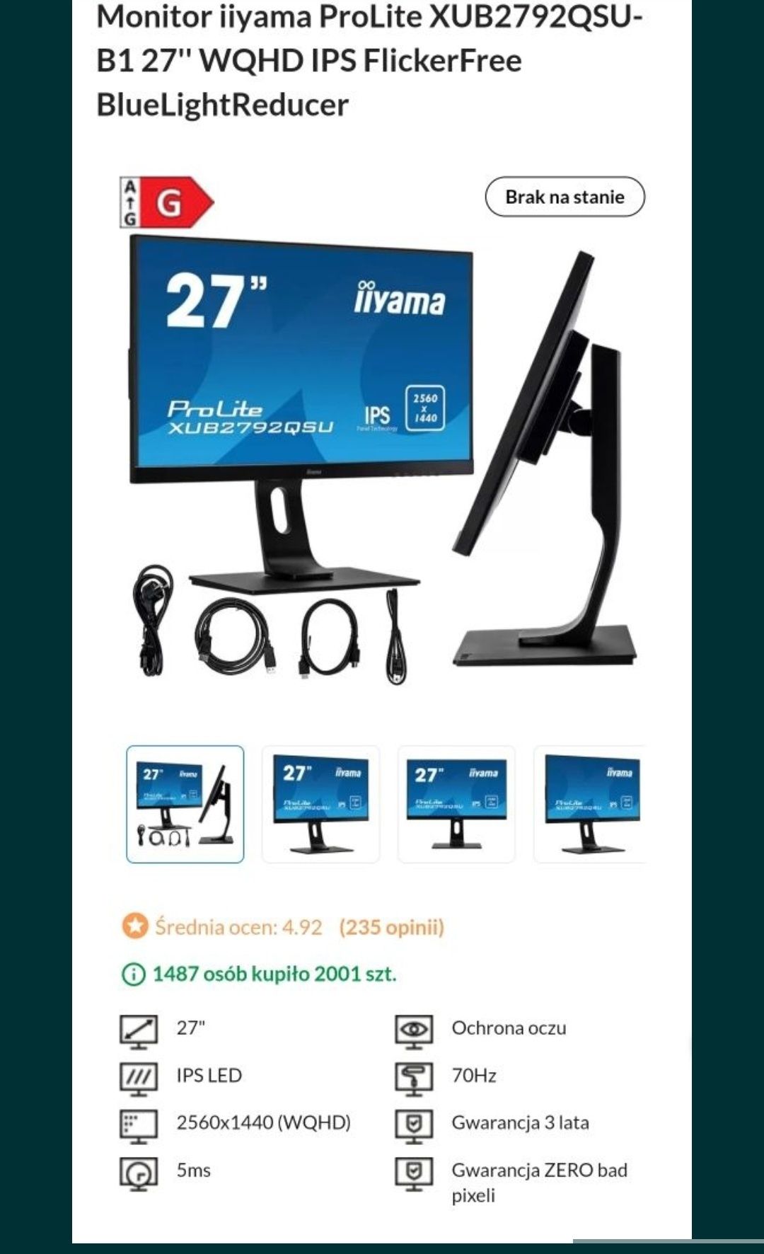 Iiyama XUB2792QSU-B1 27" 75hz PIVOT GWARANCJA 07.2025r