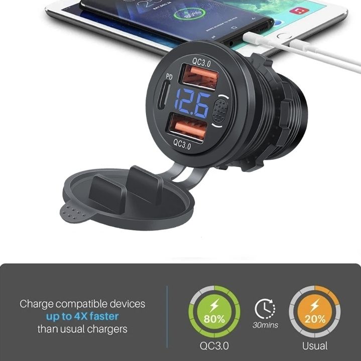 Ładowarka 2xUSB 3.0 1xUSB C, samochód, quad, motocykl