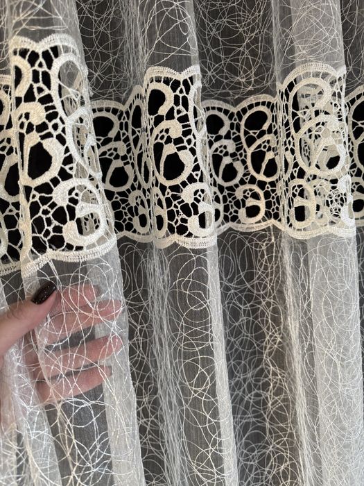 Тюль, гардина с кружевом в молочном цвете на метраж