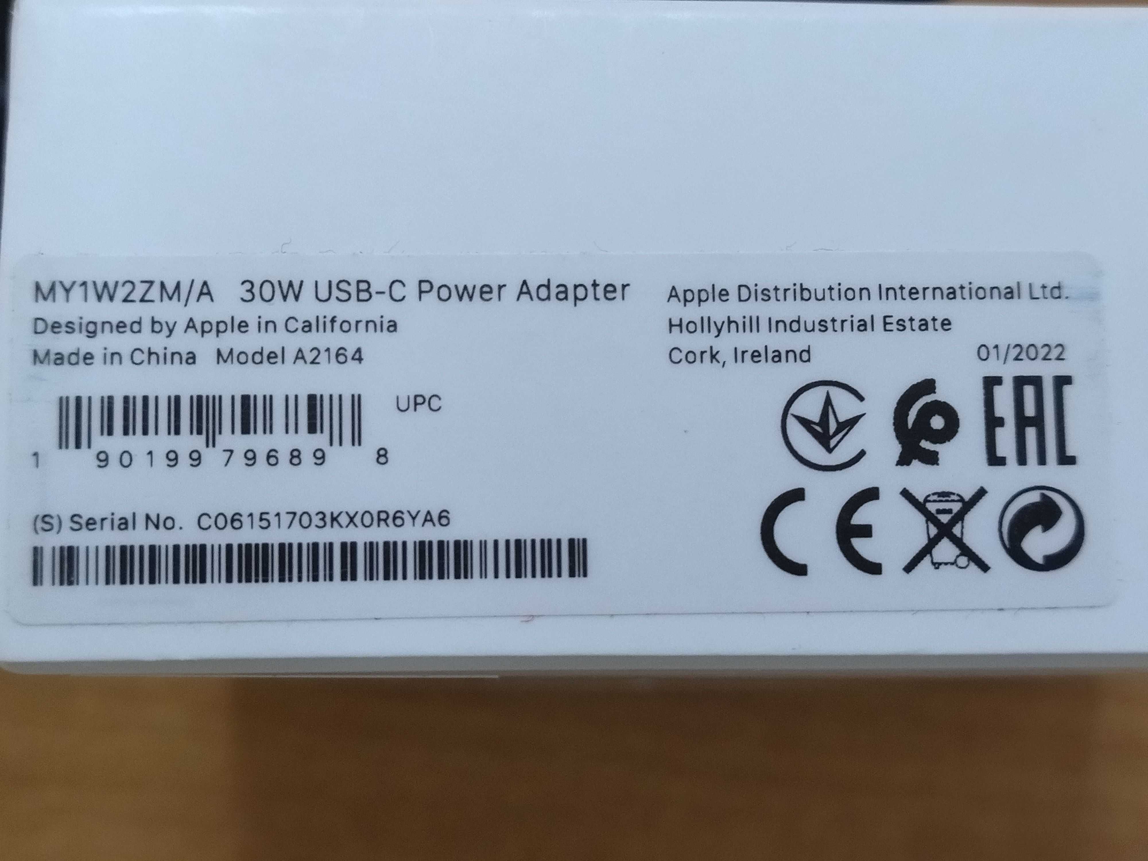 Зарядка. Оригинал. 30W USB-C Power Adapter iPhone, iPad. Новая.