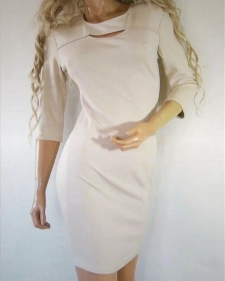 Nowa elegancka sukienka ecru kremowa Miss moda 38/40 dekolt