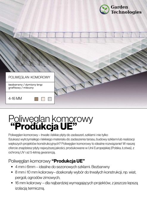 Poliwęglan komorowy do szklarni i zadaszeń|4–16 mm|Bezbarwny/kolorowy
