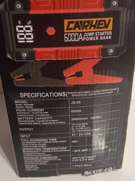 CARHEV Powerbank 6000A Rozruch 12V 10L Benzyna Diesel LED Latarka