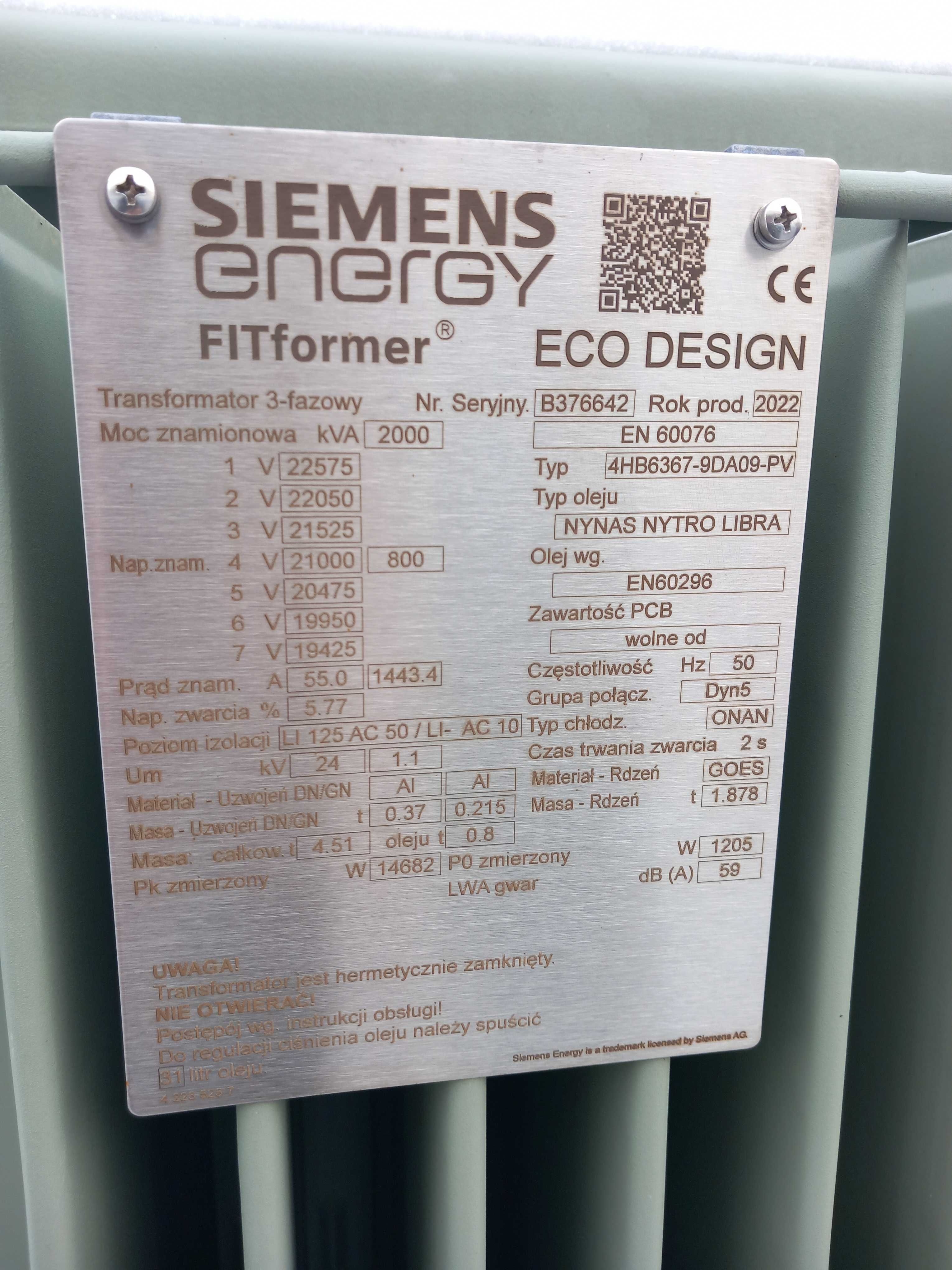 Transformator olejowy SIEMENS 2000 kVA 21/0,8 kV (nowy)