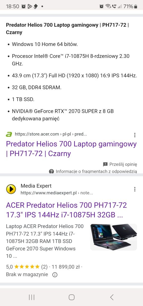 Laptop gamingowy ACER Predator Helios 700 17.3" plecak ładowarka 71772