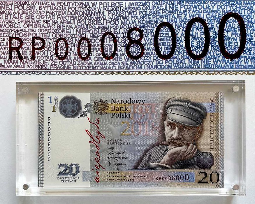 20 zł pełny RADAR nr.8000 Niepodległość 2018 banknot w kapsule magnet.