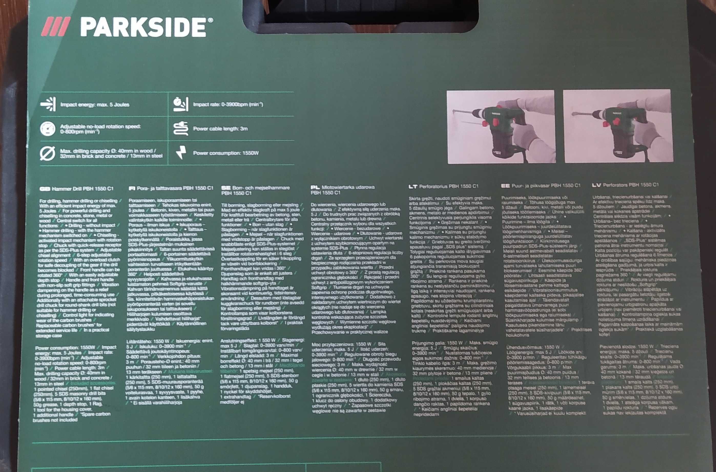 Młotowiertarka udarowa, 1550 W, PBH 1550 C1 PARKSIDE