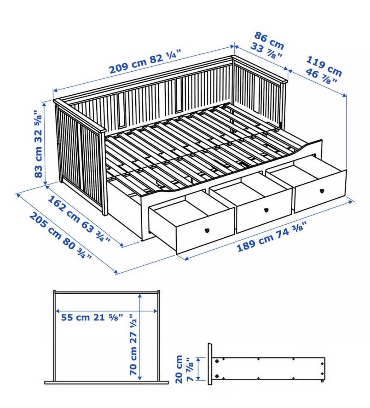 Łóżko IKEA Hemnes, rozkładane z 2 materacami i szufladami