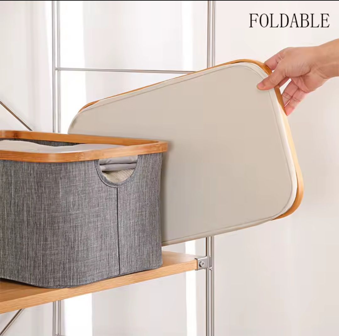 Składany kosz bambus+tkanina Oxford - duży 54x33x29cm