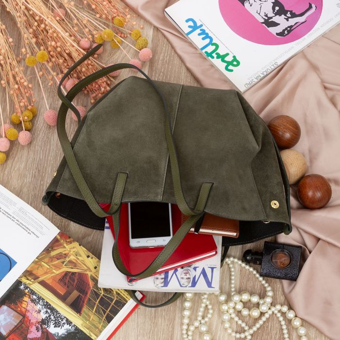 VERA PELLE torebka zamszowa shopper mała rozpinana V686 oliwkowa