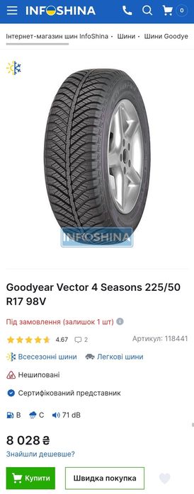 225/50r17 GoodYear | 8.5mm | 2022 | Преміум всесезонні шини | Як нові