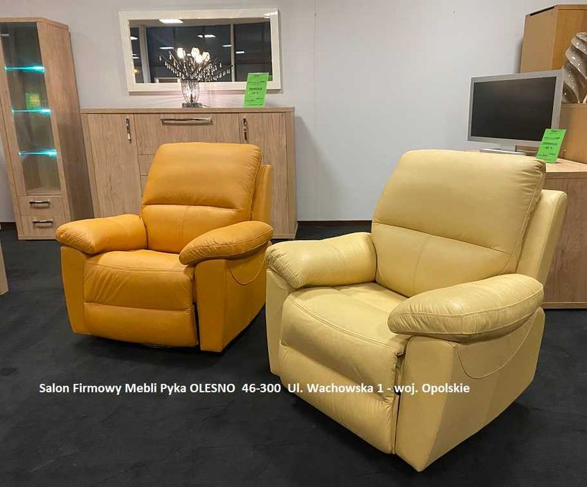 Nowy Fotel ROZKŁADANY, Bujany, Obrotowy, SKÓRA NATURALNA- Wyprzedaż