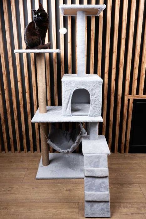 Drapak dla kota XXL wieża domek legowisko zabawka hamak szary STABILNY