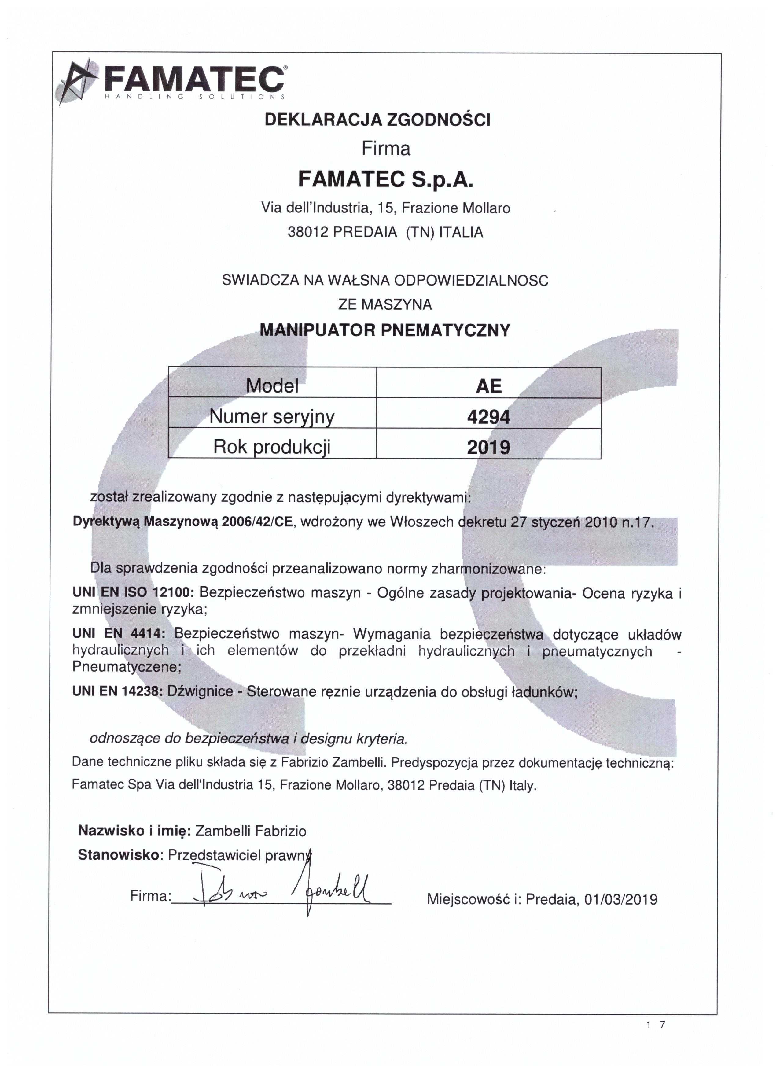 Manipulator pneumatyczny Famatec AE podnośnik pneumatyczny