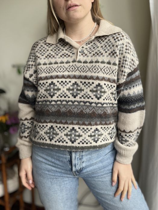 Gruby mięsisty sweter z kołnierzykiem norweski skandynawski vintage