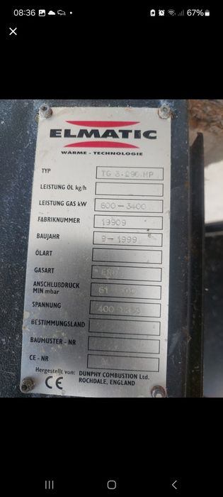 Palnik gazowy przemysłowy ELMATIC Dunphy TG 3.290.Mp 3400 kw+ armatura