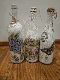 Decoupage ozdobne butelki bez róże szarość spękania hand made
