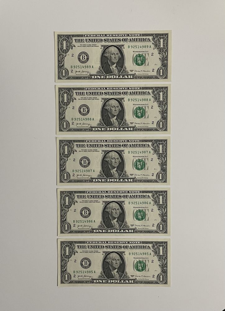 5x Notas 1 Dólar | Sequenciais | Novas