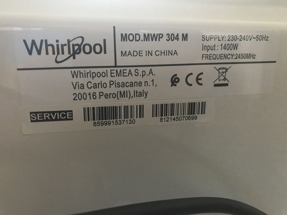 Mikrofalówka Whirpool MWP 304M jak nowa 30l pojemnosci moc 1400W