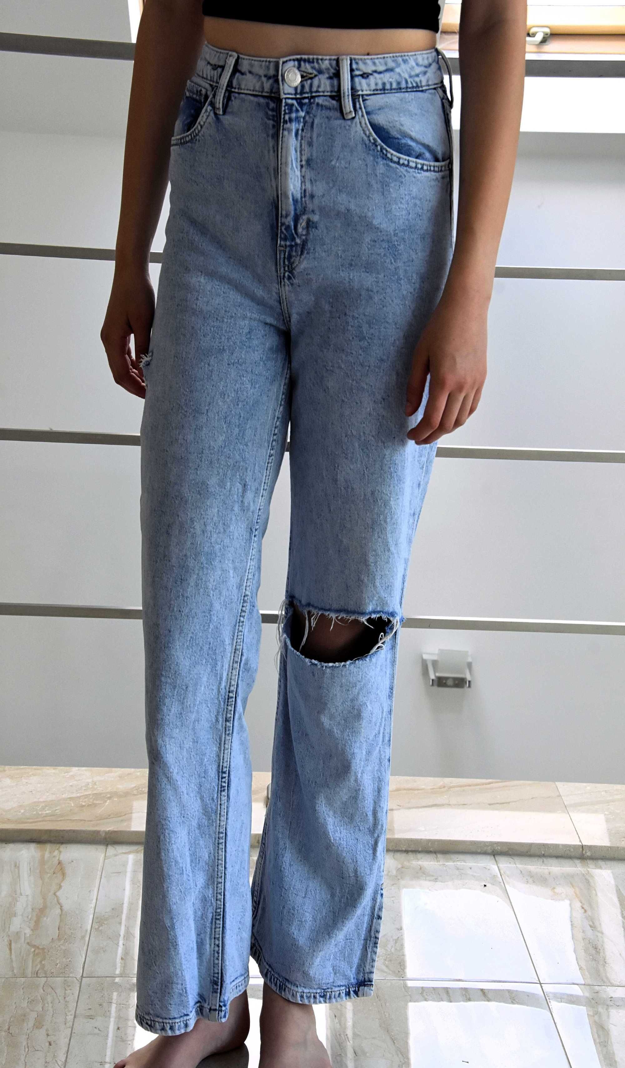 Spodnie jeansy H&M szerokie nogawki wysoki stan dziury 152cm 11-12 lat