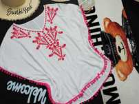 Itay plażowa biala tunika boho pompony hafty neon Uni
