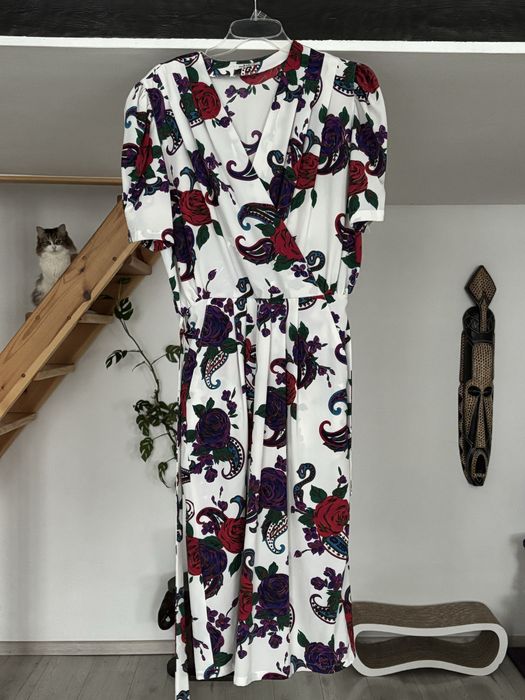 Oryginalna boho etno biała kolorowa sukienka z kieszeniami