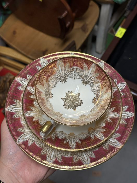 Trio porcelanowe Elfeinbein Bavaria herbata kawa bordo złote śniadanie