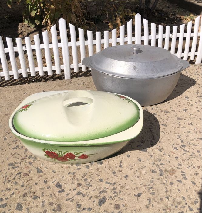 Чугунная СССР утятница эмалированная 3л, алюминиевая утятница 4,5л