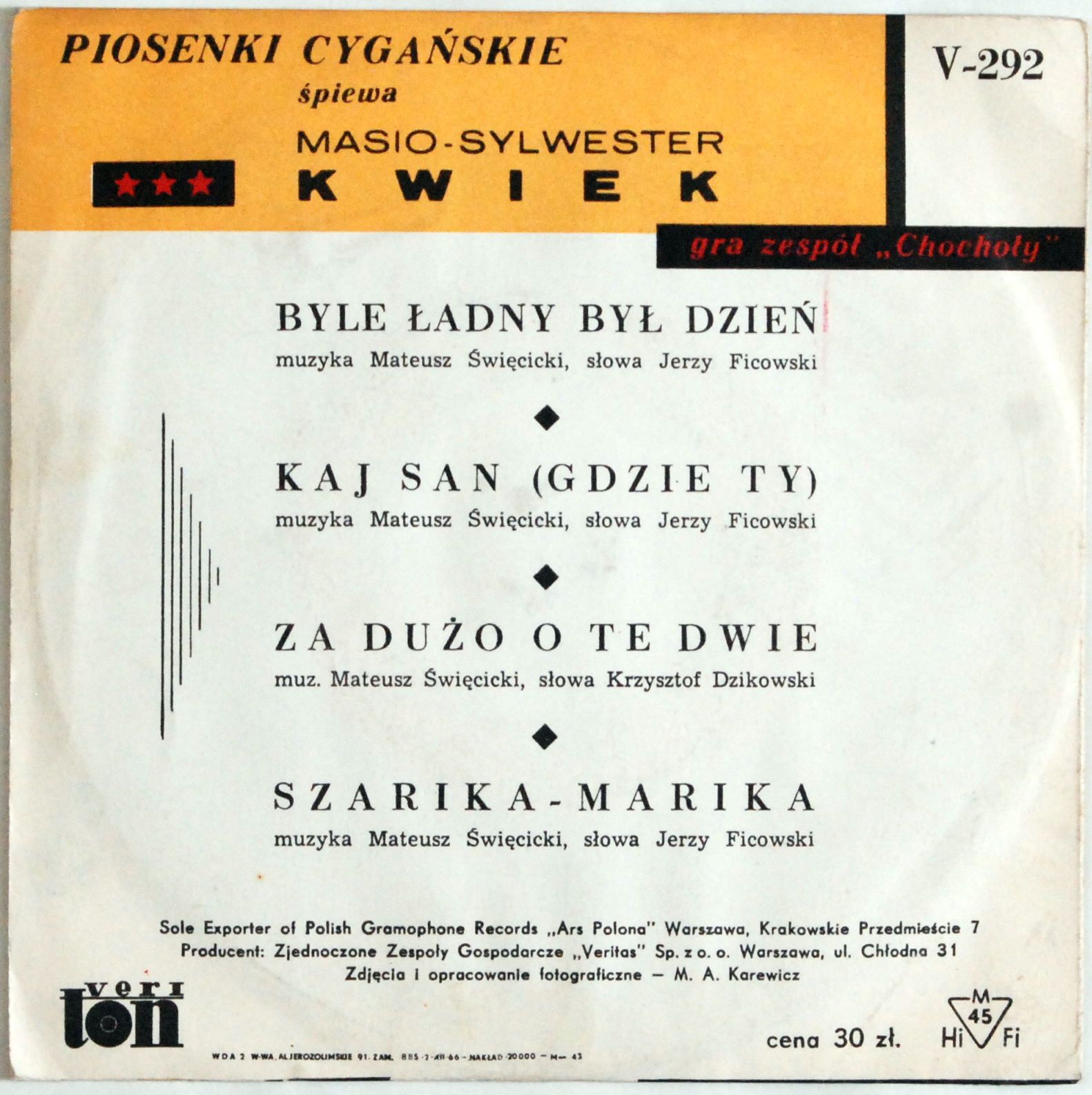 Masio Sylwester Kwiek, Chochoły - Piosenki Cygańskie 1964r. VG+
