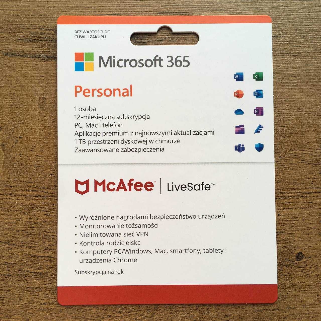 Microsoft Office 365 Personal + McAfee LiveSafe - roczna subskrypcja