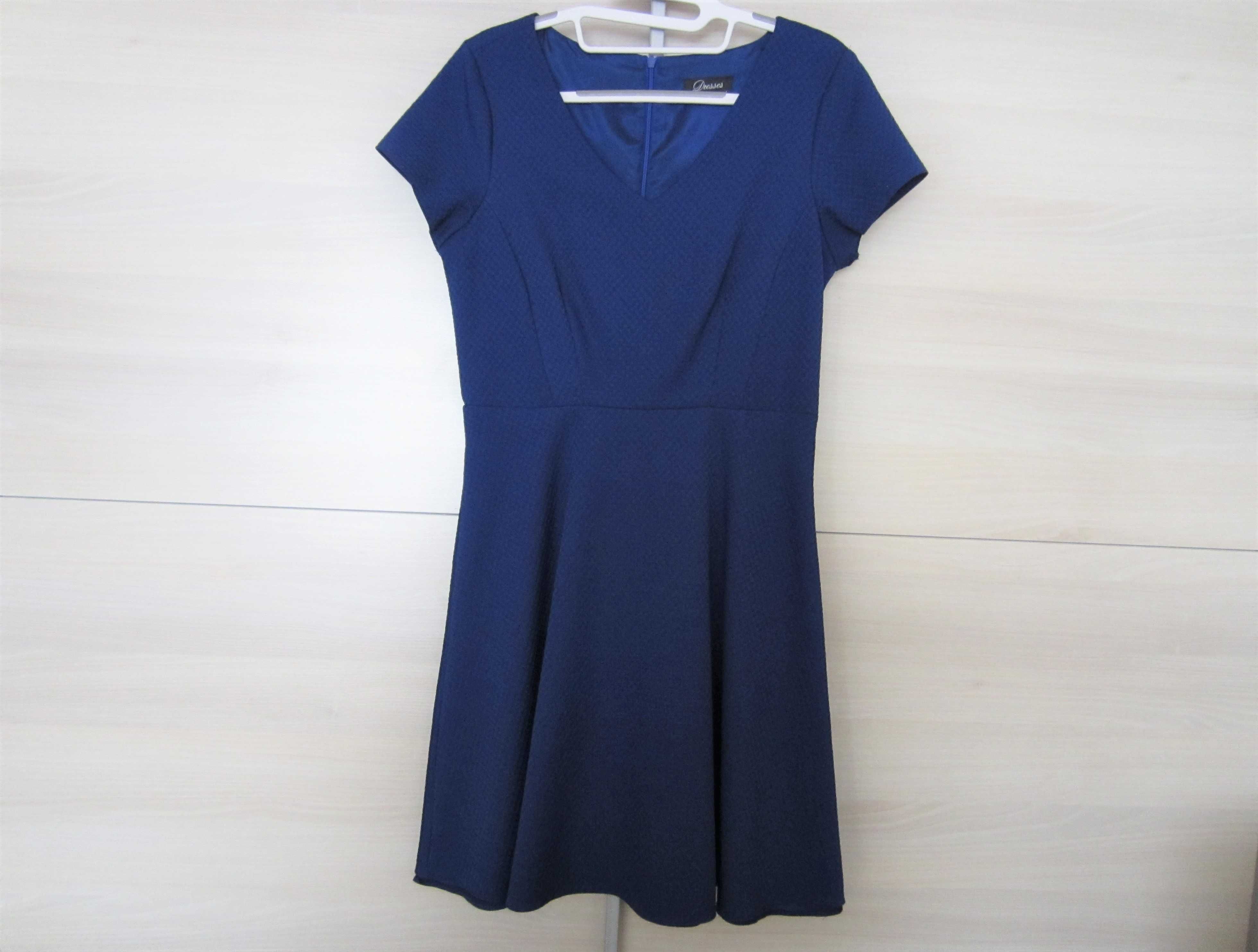 Nowa elegancka niebieska (granatowa) sukienka, krótki rękaw, rozm. 36
