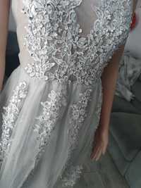 Srebrne tiulowa siwa suknia ślubna sukienka koronkowa rozmiar l 40