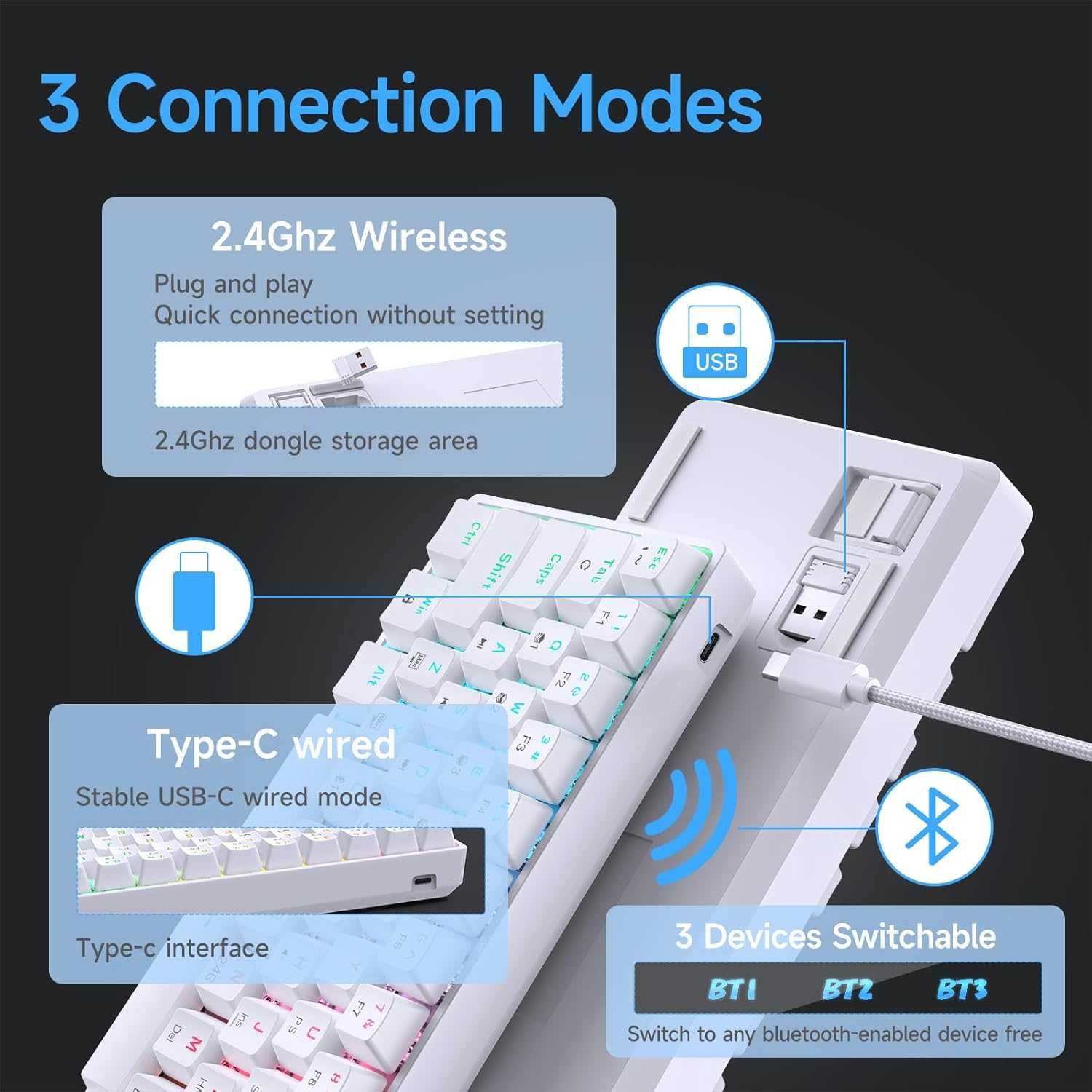 Klawiatura mechaniczna gamingowa TMKB T63 Bluetooth Switch BLUE biała