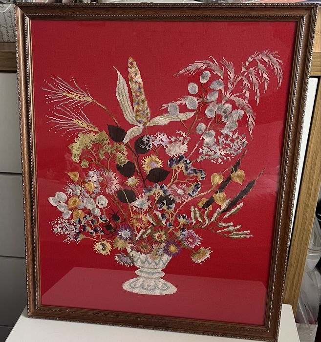 Stary obraz haftowany gobelin bukiet kwiatow haft szydelkowy handmade