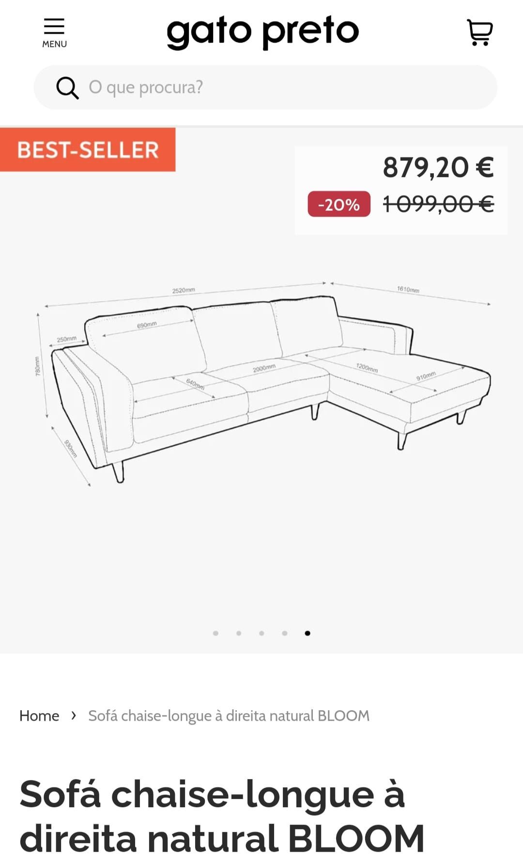Sofá com chaise-longue, modelo Bloom da Loja do Gato Preto