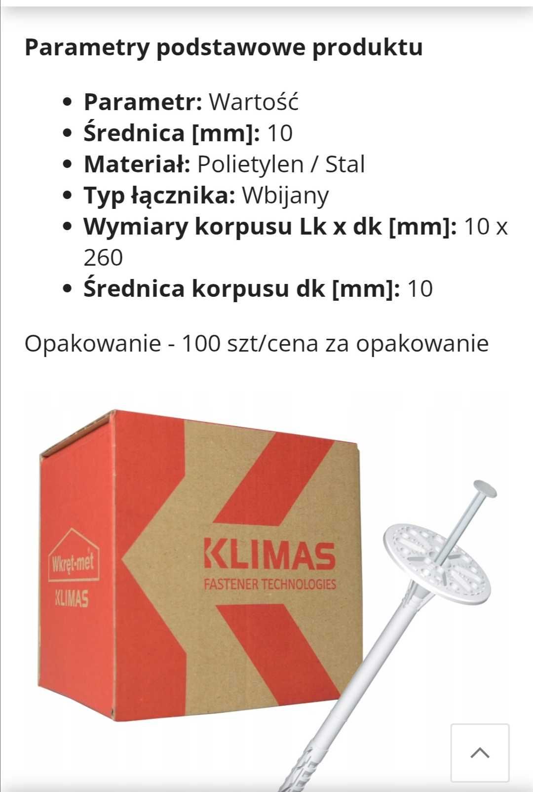 Kołki do styropianu firmy Klimas z metalowym trzepniem