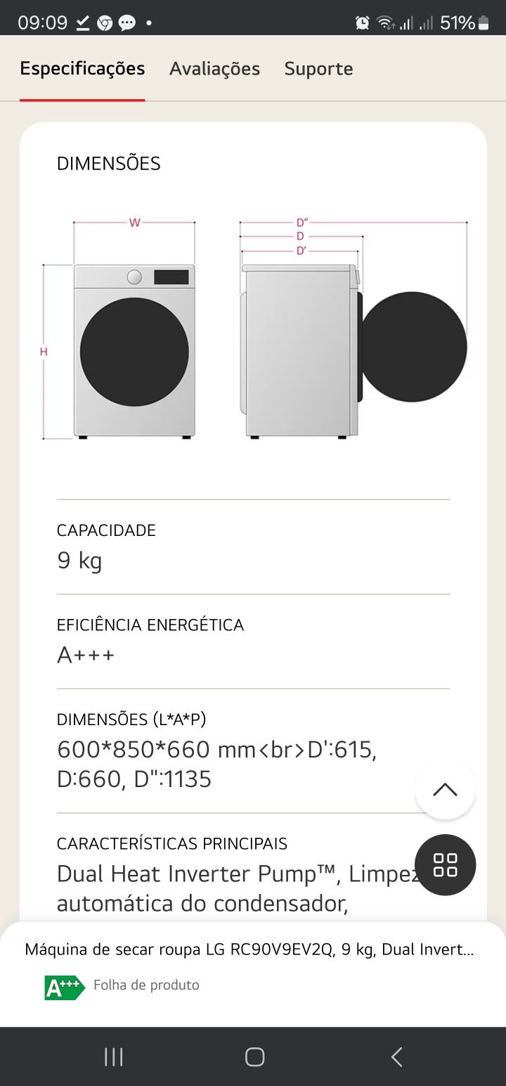 Máquina de secar roupa LG RC90V9EV2Q, 9 kg, Dual Inverter Heat Pump™,