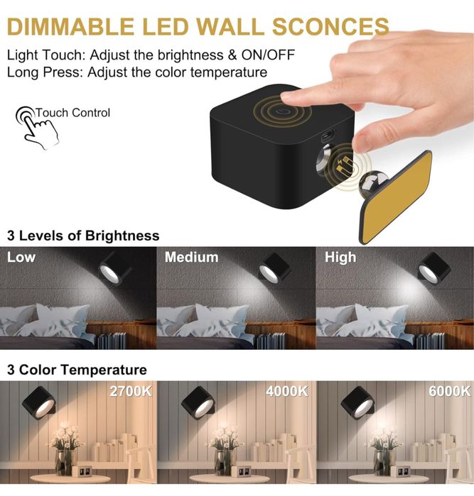 Lampa ścienna do wnętrz, 3 poziomy jasności